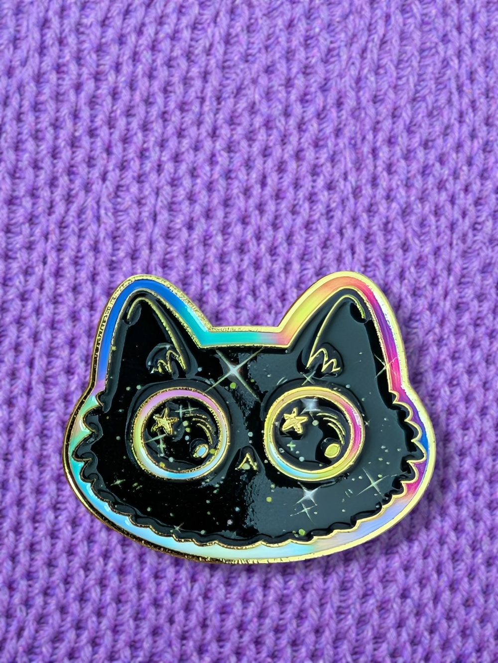 Starry Eyed Black Cat Enamel Pin